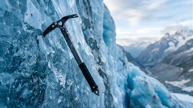 Ice axe embedded in a deep blue glacier wall during a mountain expedition
