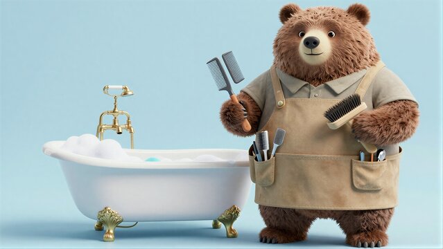 A bear in overalls holds tools beside a bubble-filled bathtub.