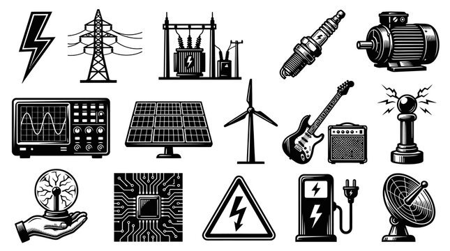 Black  White Line Art Icons of Electrical Technology and Energy Sources