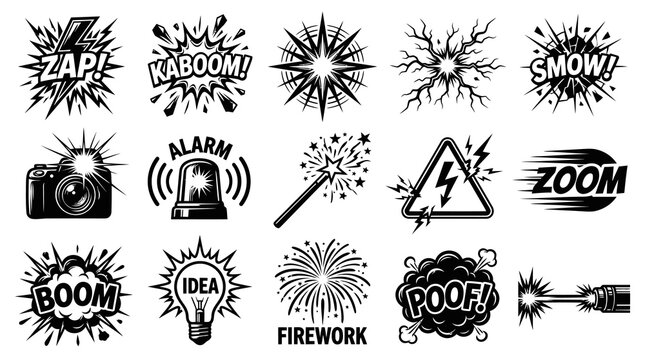 Comic Book Style Black  White Line Art Icons: Energy, Sound Effects, Idea  Alert Symbols Set