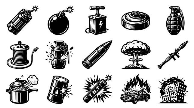 Explosives and Destruction Black and White Line Art Icons Set - Military, War, Danger