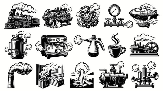Steampunk Industry Icons: Train, Boiler, Espresso Machine, Airship, Gears, Steam