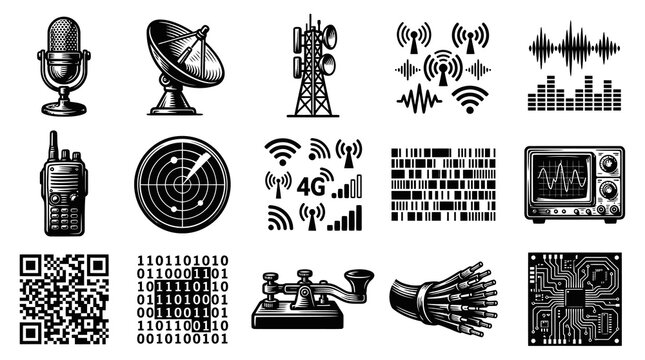 Technology Icons: Black and White Vintage Communication and Electronics Symbols