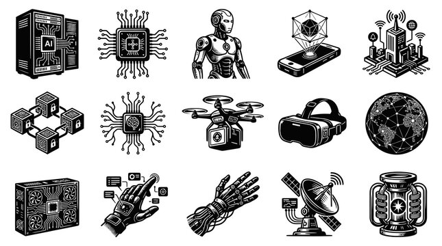 Technology Icons: AI, Robotics, VR, Blockchain, Drone, Network, Earth, Server, Chipset, Futuristic Devices