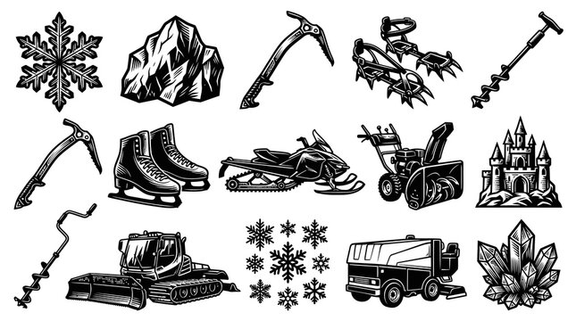 Winter Season Ice and Snow Elements Collection: Sports, Equipment, and Nature in Engraving Style