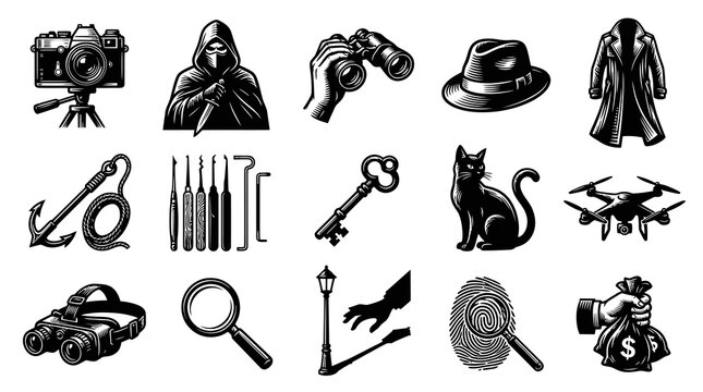 Detective and Investigation Tools Engraving Style Icons Set. Mystery, Crime, Spy, Security Black and White Illustrations.