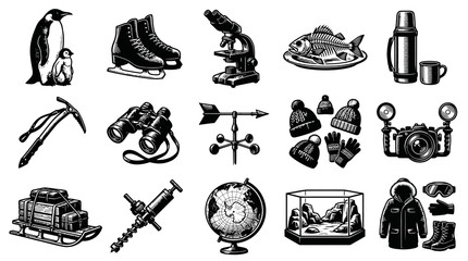 Obraz premium Black White Line Art Vector Set: Polar Expedition, Arctic Science Winter Research Equipment Icons