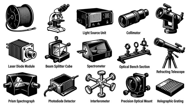 Black and White Line Art Collection of Scientific Optics Instruments