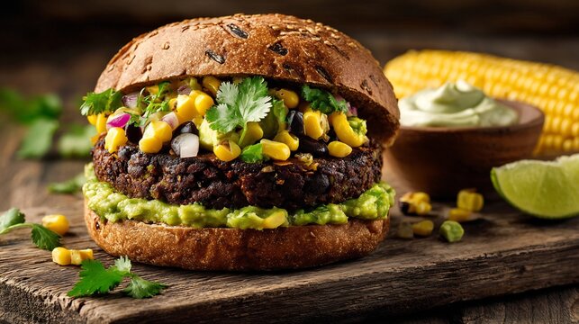 Nutritious plant based burger with black bean patty, corn, and guacamole on a multigrain bun