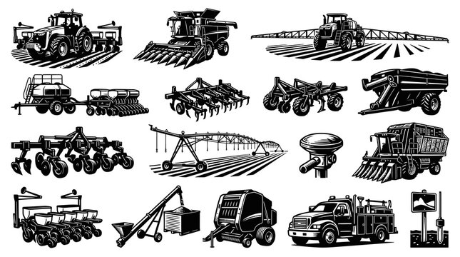 Black  White Line Art Vector Set of Agriculture Farm Machinery and Equipment