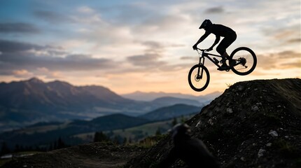 Obraz premium Silhouette of a mountain biker performing a jump at sunset in the Alps