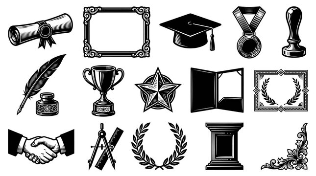 Black and White Vector Icons: Graduation Cap, Diploma, Trophy, Medal, Quill Pen, Stamp