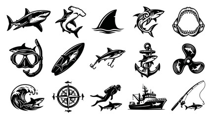 Obraz premium Black and White Vector Icons of Sharks, Diving, and Fishing for Marine Themes