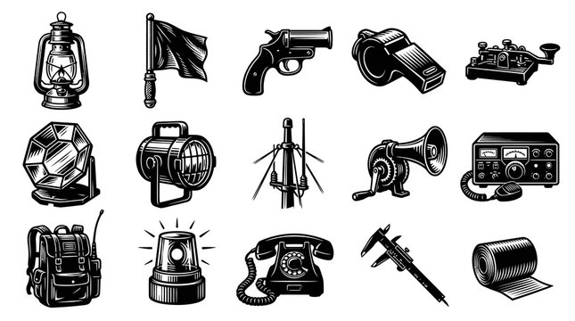 Vintage Communication and Safety Equipment Vector Icons - Black and White Line Art
