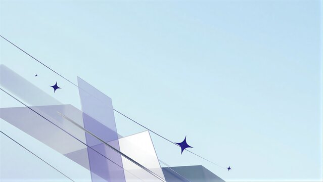 Geometric shapes float against a soft blue sky, stars gleam along connecting lines.