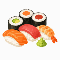 Watercolor Sushi Set Illustration With Nigiri Maki Rolls Shrimp Salmon Tuna And Wasabi © Mas Muads