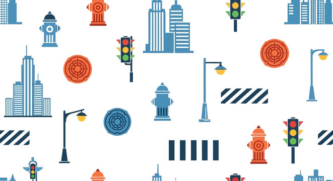 Urban Cityscape Pattern: Traffic Lights, Fire Hydrants, Street Lamps & Buildings