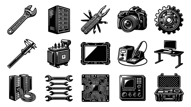 Engineering and Technology Icons Set. Industrial Tools, Electronics, IT Equipment. Black and White Engraving Style Vector.