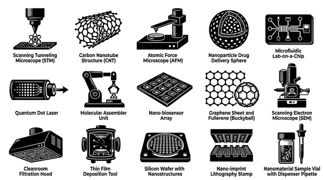Nanotechnology Icons: STM, AFM, SEM, CNT, Graphene, Laser, Nanomaterials