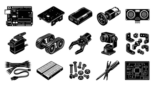 Robotics  DIY Electronic Components Black  White Line Art Isometric Icons Set