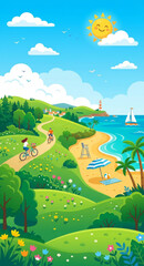 Fototapeta premium Beautiful Summer Coastal Landscape Illustration with People Cycling and Beach View