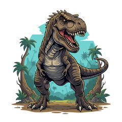 Fierce Cartoon Tyrannosaurus Rex Roaring in Tropical Jungle Illustration © bima