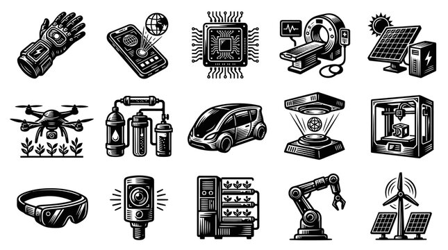 Tech Icons Set: Innovation, AI, Robotics, Drone, 3D Printing, Smart Car, VR, Healthcare