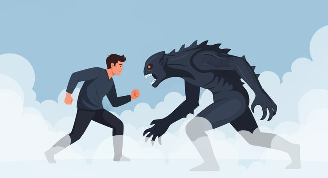 Vector illustration depicting a man in a crouched fighting stance confronting a large dark monster with sharp teeth and back spikes against stylized clouds and blue sky.
