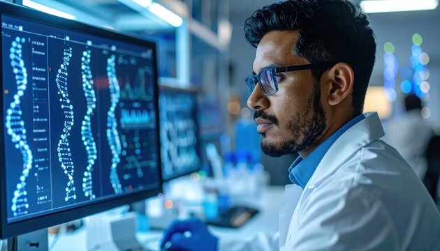 Scientist Analyzing DNA Sequence Data on Computer Screen in Laboratory.