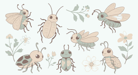 Naklejka premium Hand drawn insect and floral illustrations in soft pastel colors
