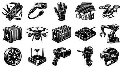 Obraz premium Future Technology and Green Energy Icons Set with Robotics, Electric Vehicles, and Drones in Engraving Style