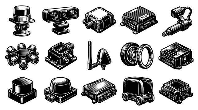 Autonomous Vehicle Sensors Technology Icons Set - Vector Illustration