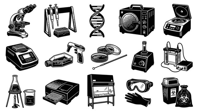 Black and White Science Laboratory Equipment Set. Biology, Chemistry, Medical Research Tools Engraving Style.