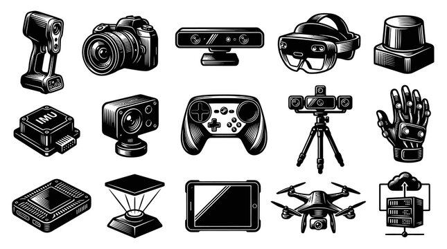 Modern Technology Sensors, Digital Devices, and Data Systems Engraved Line Art Icons Set