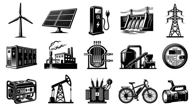 Set of Electricity and Energy Icons: Wind Turbine, Solar Panel, Charger, Dam, Pylon