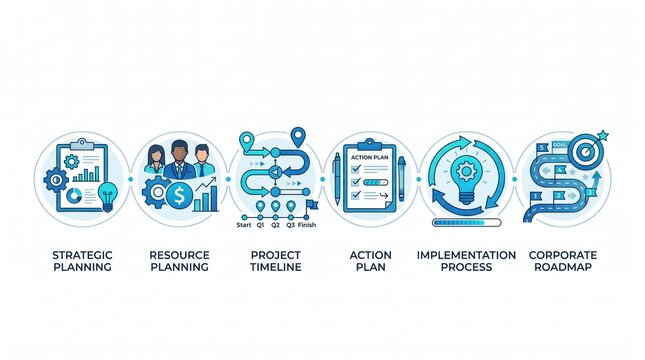 Circle Concept Nodes Layout for Business Strategic Planning Process Flow and Timeline Roadmap