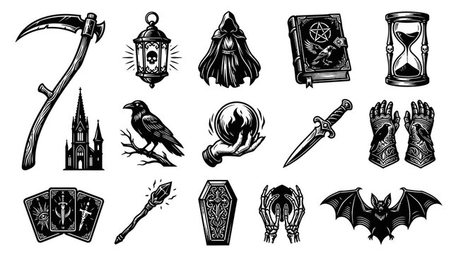 Gothic Halloween Icon Set: Scythe, Raven, Witchcraft and Death Symbols, Black  White Line Art