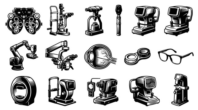 Ophthalmology Medical Instruments Black  White Line Art Set. Eye Care Devices  Optometry Tools Collection.