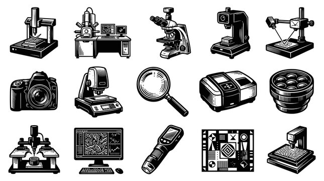 Research  Technology Lab Instruments Icon Set. Optical, Measuring,  Scientific Tools in Black  White Engraving Style.