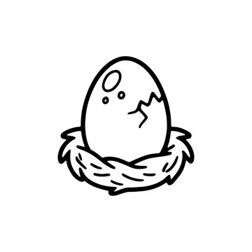 Cute hatching dinosaur egg in a nest coloring page. Black and white outline of cracked dino egg for kids coloring book, preschool activities, and KDP interior.