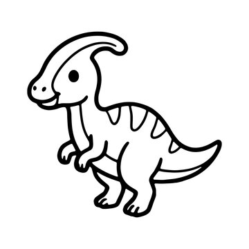 Cute parasaurolophus dinosaur coloring page. Black and white outline of crested dino character for kids coloring book, preschool activities, and KDP interior.
