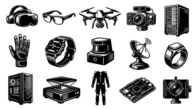 Futuristic Technology Icons: VR Glasses, Drone, Camera, Smartwatch, Computer Server, Satellite Dish, Ring