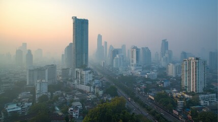 Fototapeta premium Beautiful downtown skyscraper in Bangkok city with smog and very poor air quality. High risk of PM 2.5 air pollution which unhealthy and serious health effects