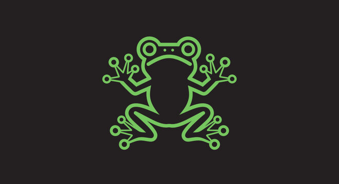 Neon green frog logo with circuitry limbs on black background