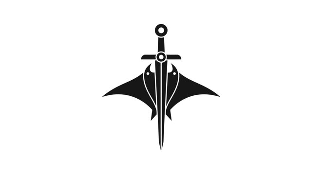 Black and white graphic of a stylized sword piercing a bat