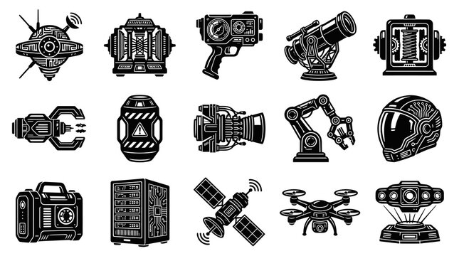Futuristic Technology Icons: Sci-Fi Gadgets, Robots, Drones, Black  White Glyphs