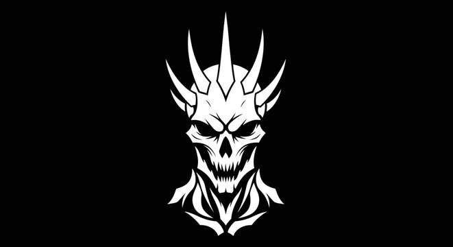 Black and white 2D illustration of a menacing skull with spiked crown
