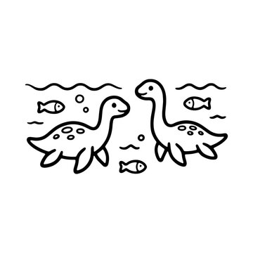 Cute plesiosaurus swimming in the water coloring page. Black and white outline of little marine dinosaurs for kids coloring book, preschool worksheets, and KDP interior.