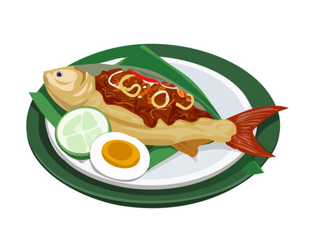 Crispy fried fish served with hard boiled egg halves and red chili sauce on a traditional plate arrangement - Vector Illustration
