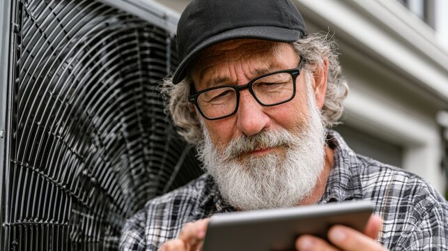 Professional HVAC technician using a digital tablet to run diagnostics on an outdoor heat pump unit with negative space for website banners.